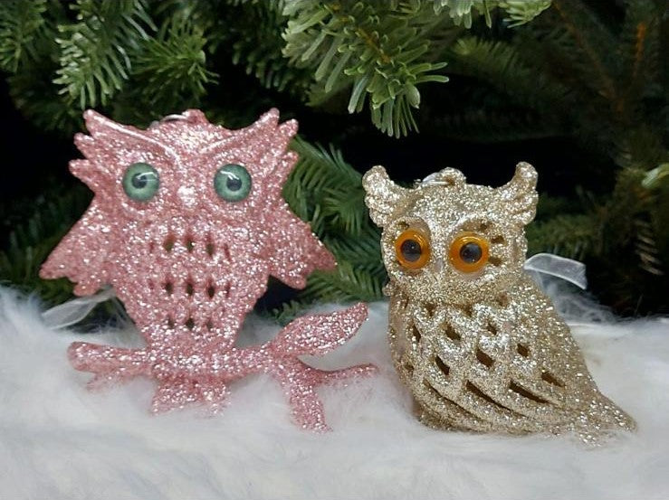 Set 12 ornamente de Crăciun în formă de bufniță, cu sclipici – Roz sau Șampanie